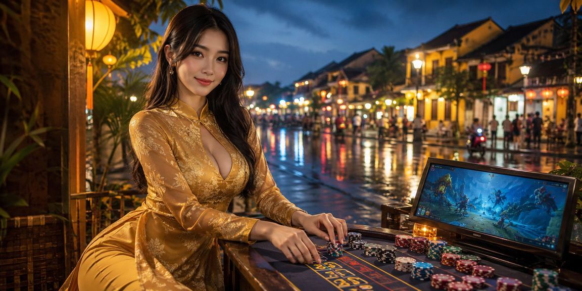 Người dùng xem kèo esports và cá cược trực tuyến tại Hội An trong trang phục áo dài